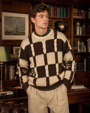 VTG Scottish Shetland Chunky Cable Knit Checkered Wool Sweater Brown Preppy 80s